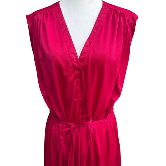 Vintage Womens Liquid Knit Red Sleeveless V Neck Elastic Tie Waist Midi Dress - Picture 7 of 8